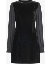 Whistles - Pleated-sleeve Round-neck Velvet Mini Dress - Lyst