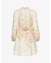 Zimmermann - Floral-print Puffed-sleeve Linen Mini Dres - Lyst