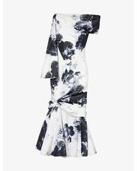 Alexander McQueen - Asymmetric-neckline Floral-print Woven Midi Dress - Lyst