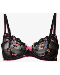 Lounge Underwear - Neon Floral-embroidered Bow-embellished Mesh Bra - Lyst