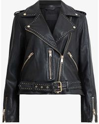 AllSaints - Balfern Stud-embellished Belted-hem Leather Jacket - Lyst