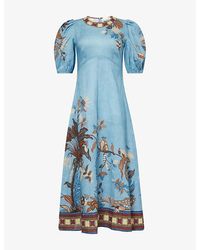 ALMAIS Monte Printed Linen Midi Dress in Pink | Lyst