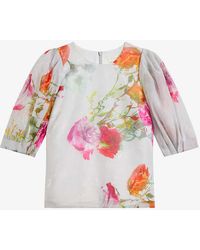 Ted Baker - Ayymee Floral-print Puff-sleeved Woven Top - Lyst