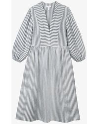The White Company - Striped V-neck Linen Midi Dress - Lyst