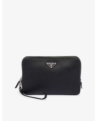 Prada - Logo-Plaque Saffiano-Leather Clutch - Lyst