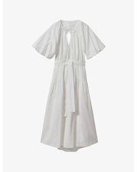 Reiss - Alice Puff-sleeve Belted-waist Linen And Cotton-blend Midi Dress - Lyst