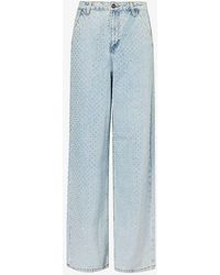 Self-Portrait - Wide-leg Mid-rise Crystal-embellished Jeans - Lyst