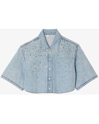 Sandro - Rhinestone-embellished Cropped Denim Shirt - Lyst