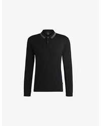 BOSS - Striped-Trim Long-Sleeved Cotton-Jersey Polo Shirt - Lyst