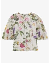 Ted Baker - Floral-print Lace-trim Stretch-woven Top - Lyst