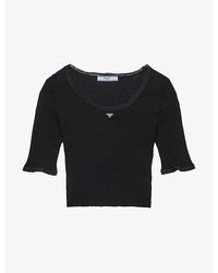 Prada - Triangle-Logo Cropped Ribbed Cotton T-Shirt - Lyst