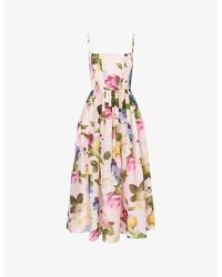 Carolina Herrera - Floral-Print Thin-Strap Linen And Silk Midi Dress - Lyst