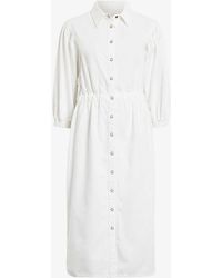 AllSaints - Osa Puff-sleeve Elasticated-waist Denim Midi Dress - Lyst