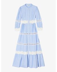 Sandro - Lace-embroidered Long-sleeve Striped Cotton Maxi Dress - Lyst