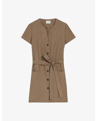 Claudie Pierlot - Round-neck Belted-waist Short-sleeve Cotton Mini Dress - Lyst