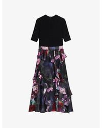 Ted Baker - Rowana Knitted-blend And Floral Woven Midi Dress - Lyst