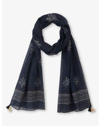 The White Company - Leaf-motif Tassel-embroidered Cotton And Silk-blend Scarf - Lyst