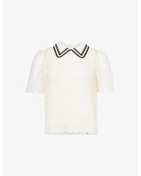 ME+EM - Cream/ Embellished-Collar Short-Sleeve Lace Top - Lyst