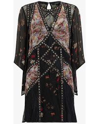 AllSaints - Lucia Kora Sequin-embellished Floral-print Woven Mini Dress - Lyst
