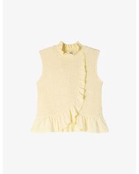 Sandro - Smocked Ruffled-Collar Stretch-Woven Top - Lyst