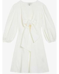 Ted Baker - Askas Tie-front Puff-sleeve Stretch-cotton Mini Dress - Lyst