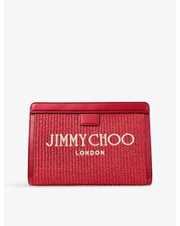 Jimmy Choo - Avenue Embroidered-Logo Raffia And Leather Pouch - Lyst