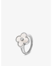 Van Cleef & Arpels - Vintage Alhambra Rhodium Plated 18Ct- Mother-Of-Pearl And 0.06Ct Diamond Ring - Lyst