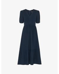 Whistles - V-Neck Short-Sleeve Textured Cotton Midi Dress - Lyst
