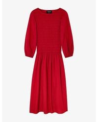 Whistles - Smocked-Bodice Long-Sleeve Woven Midi Dress - Lyst