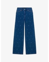 Maje - Wide-Leg Rhinestone-Embellished Denim Jeans - Lyst