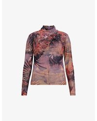 AllSaints - Tia High-neck Graphic-print Stretch Recycled-polyester Top - Lyst