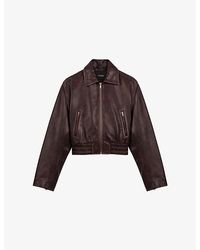 Maje - Cropped Smocked-Waist Leather Jacket - Lyst