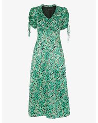 Whistles - Pansy Meadow Floral-print Ruched-sleeve Satin Midi Dress - Lyst
