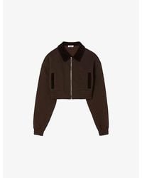 Sandro - Contrast-Collar Zip-Up Cropped Cotton-Blend Sweatshirt - Lyst