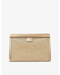Jimmy Choo - Avenue Embroidered-Logo Raffia And Metallic Leather Pouch - Lyst