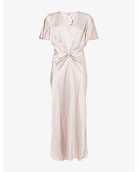 Victoria Beckham - Draped Pleat V-Neck Satin Midi Dress - Lyst