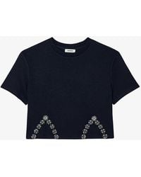 Sandro - Crystal-embellished Cut-out Cotton-blend T-shirt - Lyst