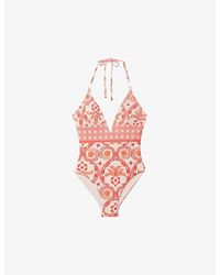 Reiss - Leonora Fern-print Plunge-neck Stretch-woven Swimsuit - Lyst
