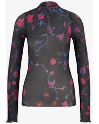 BOSS - Floral-print Slim-fit Stretch Plisse-tulle Top - Lyst