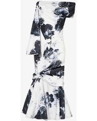Alexander McQueen - Asymmetric-neckline Floral-print Woven Midi Dress - Lyst