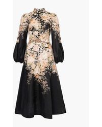 Zimmermann - Rococo Floral Floral-Print Puff-Sleeve Linen Midi Dress - Lyst