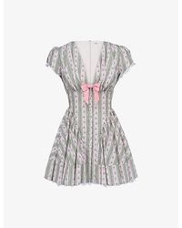 House Of Cb - Emiliana Striped Floral-Print Stretch-Cotton Mini Dress - Lyst