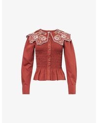 Damson Madder - Fern Embroidered-Collar Shirred Cotton Blouse - Lyst