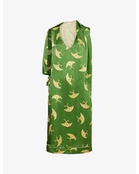 Dries Van Noten - Crane Bird-print V-neck Relaxed-fit Silk Midi Dress - Lyst