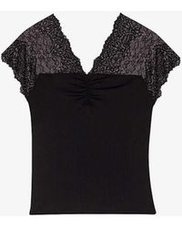 Maje - Liliona Lace-panel Stretch-woven Top - Lyst