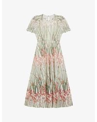 Ted Baker - Ruched-sleeve Floral-print Woven Midi Dress - Lyst