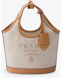 Prada - Logo-embossed Mini Linen And Leather Tote Bag - Lyst
