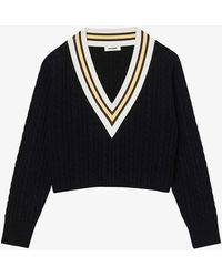 Sandro - Cably Contrast-neck Cable-knit Wool Cashmere-blend Jumper - Lyst