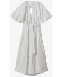 Reiss - Alice Puff-sleeve Belted-waist Linen And Cotton-blend Midi Dress - Lyst