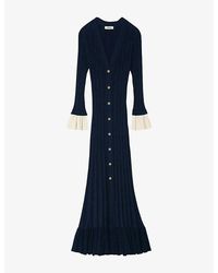 Sandro - V-Neck Contrast-Cuff Knitted Midi Dress - Lyst